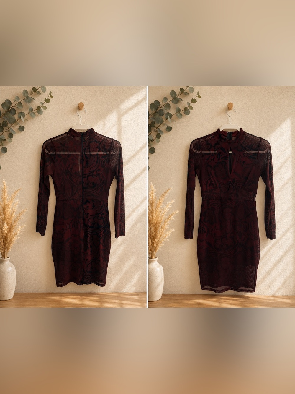 Long Sleeve Burgundy Lace Sheath Dress